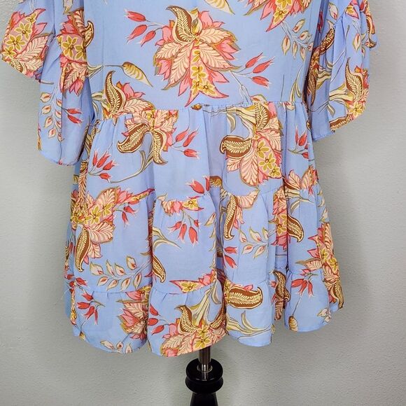 F21 Honstee Blue Floral Tiered Ruffle Flutter Sleeve Babydoll Blouse Size Large - Picture 9 of 12